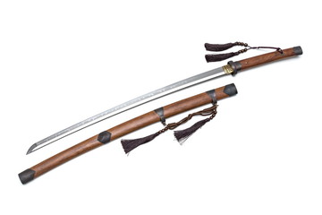 Japanese sword steel fitting  and wooden  scabbard and handle isolated in white background.