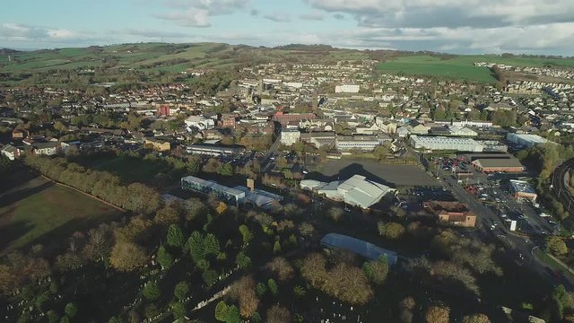 Aerial footage over the town of Bathgate in West Lothian, Scotland. 180 degree panorama.