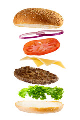 Fresh burger with different ingredients isolated on white