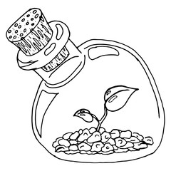 Hand drawn glass jar with a young sprout. Bank closed with a wooden stopper. Vector illustration of a young plant in a closed glass jar. 