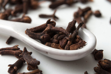 closeup of cloves in white spoon on white background