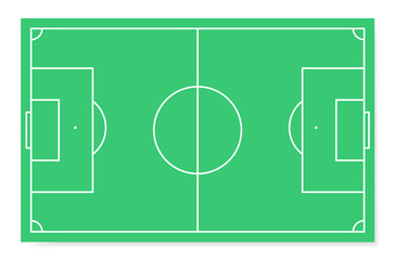 Soccer field with white markings and realistic grass, top view. Flat soccer green field, football grass. Vector stadium. Soccer with line template.