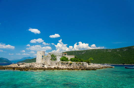 Monastery and church on island in Boka Kotor bay, Montenegro