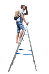 Side view full length portrait of a casual young man traveler climbing a ladder carrying a backpack looking away isolated over white background. © psychoshadow