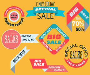 Flat design colorful sale stickers collection. Online shopping, sale and promotion, website and mobile badges.ad stickers and signs