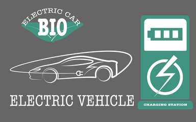Electric car and Electrical charging station symbol. Electric car icon isolated. Electric Vehicle Charging Station road sign template with set of icons. Vector illustration