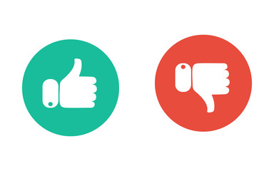Icon of the hand like or disliked. Thumb up and down red and green icons. Vector illustration. I like and dislike round buttons in flat design.