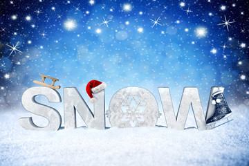 snow lettering font with santa claus hat and christmas decorationon blue stars night sky winter snow background bright bokeh lights