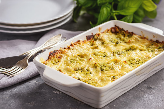 Zucchini And Potatoe Casserole With Cheese,  Vegetarian Food.