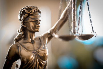 Statue of Justice with scales in lawyer office. Legal law, advice and justice concept - 230866196