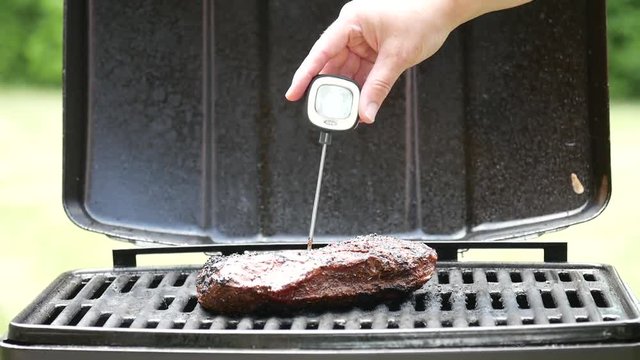 Using meat thermometer on grilled steak, close up
