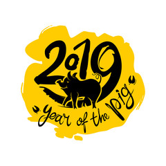 Year of the Pig. 2019. Flat vector template on background yellow spot for the New Year's design. Pig - symbol of 2019 on the Chinese calendar.