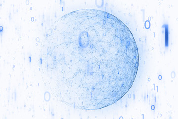 Computer network cyberspace sphere with binary numbers, lines and dots illustration on white background. Selective focus used. 