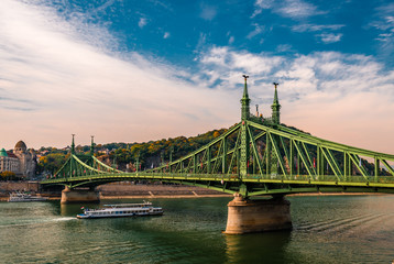Τhe Liberty Bridge or Freedom Bridge, in Budapest, Hungary, connects Buda and Pest across the River Danube.