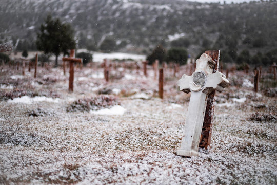 snowy natural cemetery with crosses