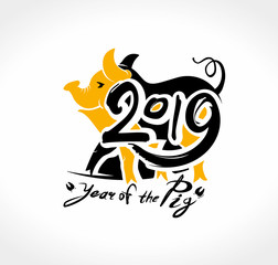 Year of the Pig. 2019. Handwritten template with inscription and yellow pig. Imitation of painting with brush and ink. Symbol of the year on the Chinese calendar. 

