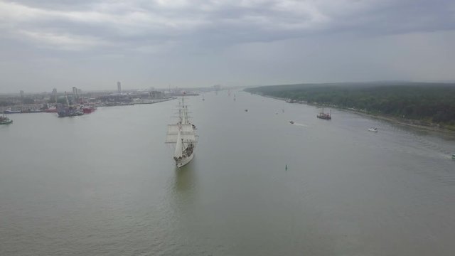 Aerial of Oman tall ship "Shabab Oman II" leaving port of Klaipeda during Tall Ships Races 2017