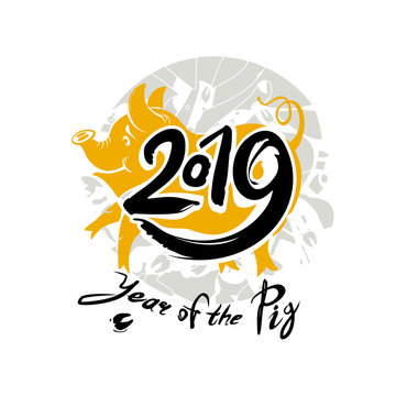 Vector template for the year of the yellow Pig 2019. Handwritten imitation of painting with brush and ink. New Year on the Chinese calendar.
