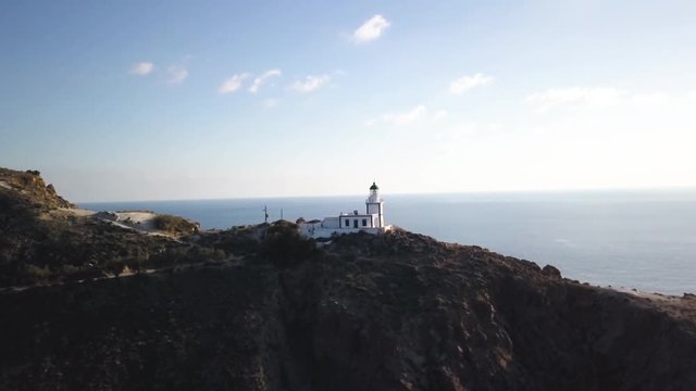 Akrotiri Lighthouse in Greece, panning aerial