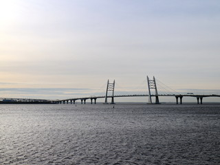 Fototapeta na wymiar Seascape with cable-stayed bridge