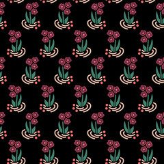 Folk flowers seamless vector repeating background pink on black. Scattered small florals pattern. For fabric, girl, nursery, page fills, packaging, digital paper, cards, Dirnd, Trachten stoff, Tracht
