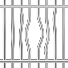 Belted jail bars cage. Broken iron prison cell vector.