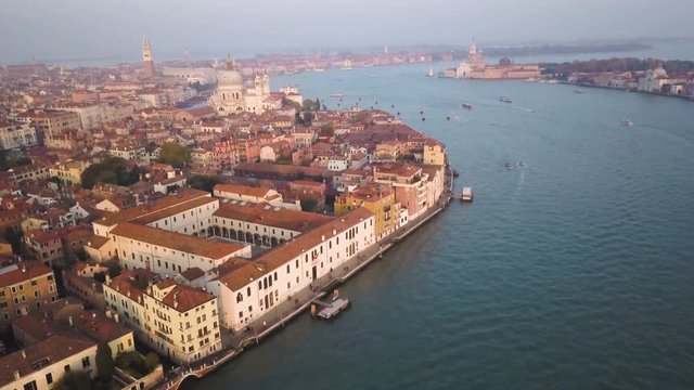 Aerial, sunset over river in Venice