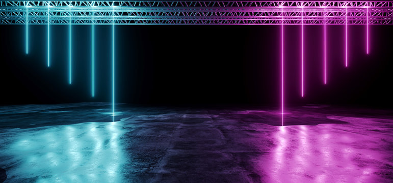 Neon Glowing Purple And Blue Tube Abstract Shaped Laser Stage Lights On Black Background With Reflective Grunge Concrete Surface And Stage Construction Background 3D Rendering
