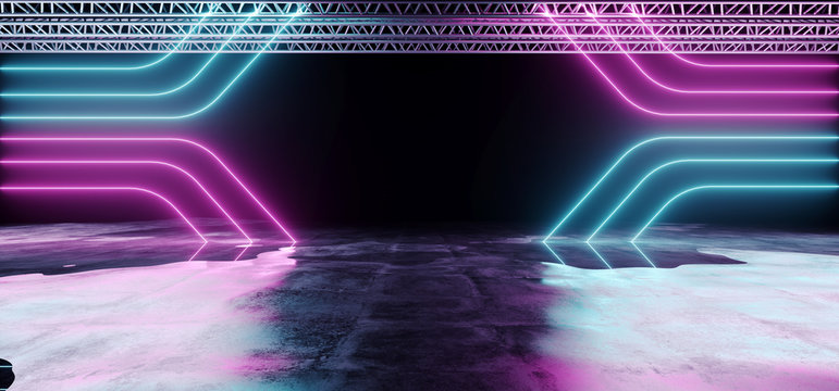 Neon Glowing Purple And Blue Tube Abstract Shaped Laser Stage Lights On Black Background With Reflective Grunge Concrete Surface And Stage Construction Background 3D Rendering