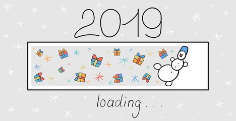 Loading 2019 New Year greeting card with progress indicator with snowman and gifts.