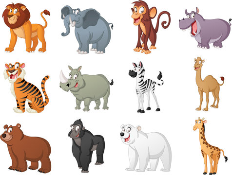 Fototapeta Group of big cartoon animals. Vector illustration of funny happy animals.