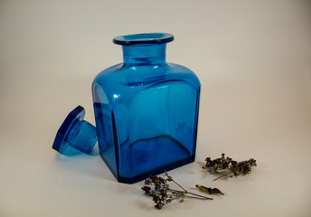 old glass container and dried grass nearby