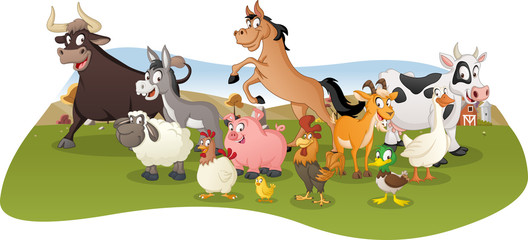 Group of farm cartoon animals. Farm background.   © denis_pc