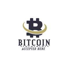 Bitcoin Accepted emblem. Crypto currencies label and concepts. Digital assets logo. Vintage han drawn monochrome design. Technology patch. Stock illustration isolated on white