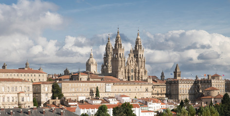 Santiago de Compostela panoramic view in Galicia, Spain and the amazing Cathedral with the new restored facade