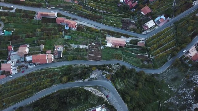 Overhead aerial, scenic Italian town