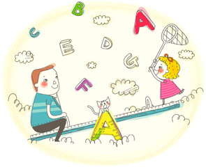 Girl and father sitting on seesaw