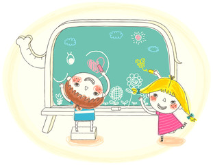 Girl and boy writing on blackboard