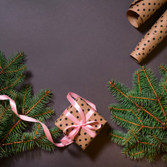 New Year's concept. Christmas concept, top view of the gift and the Christmas tree