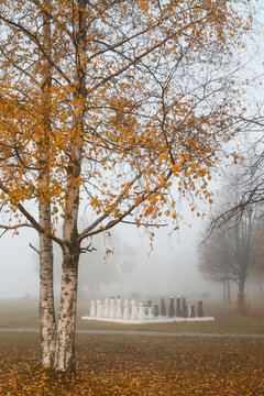 Autumn, chess in the Park and fog