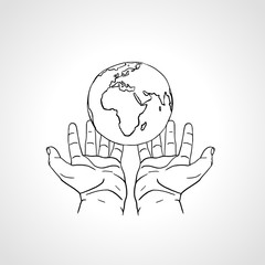 Hands holding the Earth. Two palms hold the globe. Environment concept. Hand drawn sketch vector illustration