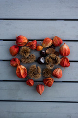 love decoration with autumn fruits and chestnuts with copy space