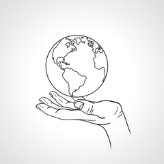 Hand holding the Earth. Palm hold the globe. Environment concept. Hand drawn sketch vector illustration