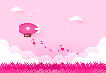 Love and valentine day. zeppelin with heart and falling hearts. Paper art © mirsad
