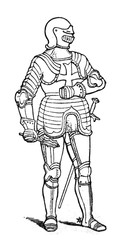An engraved illustration of the Knight in armour from a vintage book Encyclopaedia Britannica by A. and C. Black, vol. 2, of 1875, Edinburgh