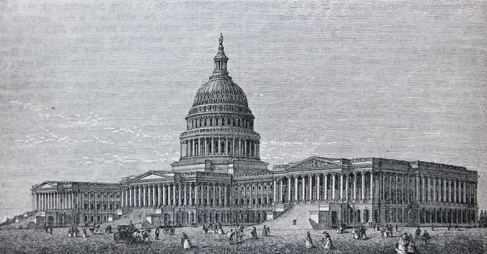 An engraved illustration of the Capitol at Washington from a vintage book Encyclopaedia Britannica by A. and C. Black, vol. 2, of 1875, Edinburgh