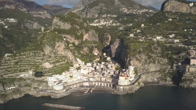 Aerial, town on Amalfi Coast in Italy