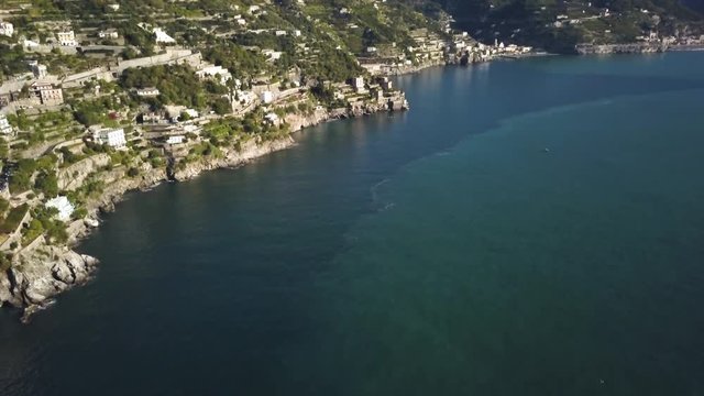 Tilt up aerial, scenic Amalfi Coast in Italy