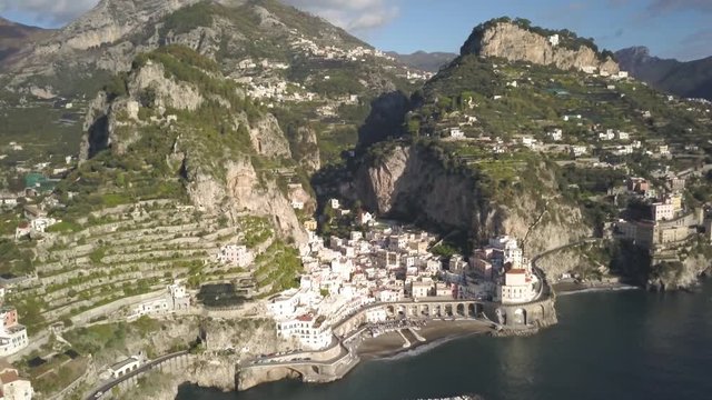 Aerial, town on Amalfi Coast