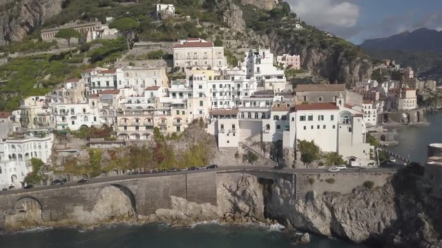Scenic Amalfi architecture on coast, aerial